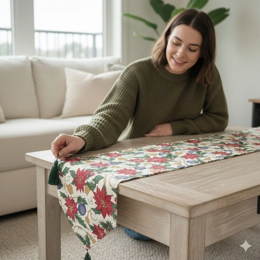Christmas Poinsettia Holly Ornament Table Runner Tassel Green‎ Red
